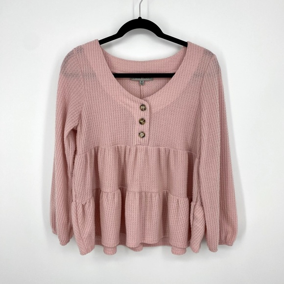 Absolutely Famous Tops - Absolutely Famous Pink Babydoll Vneck Waffle Top Size Medium Soft Femini…